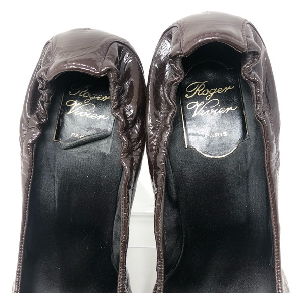 Roger Vivier Dark Brown Patent Leather Chips Elastic Heels / Pumps sz 37.5 - Picture 5 of 10